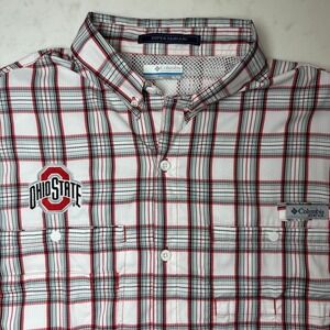 Columbia PFG Ohio State Shirt Mens XL White Red Plaid Super Tamiami Long Sleeve